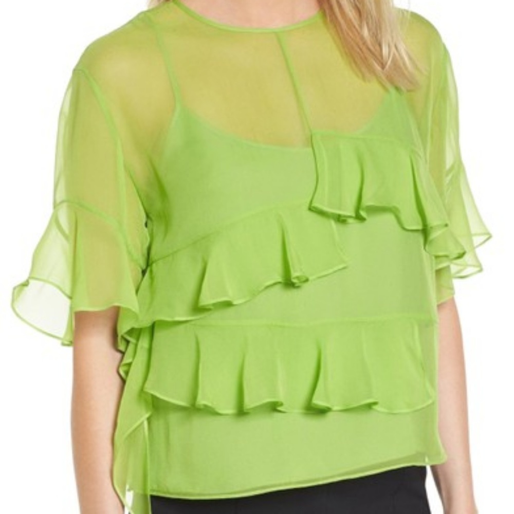 Lewit Green Toucan Silk Chiffon Ruffle Top
